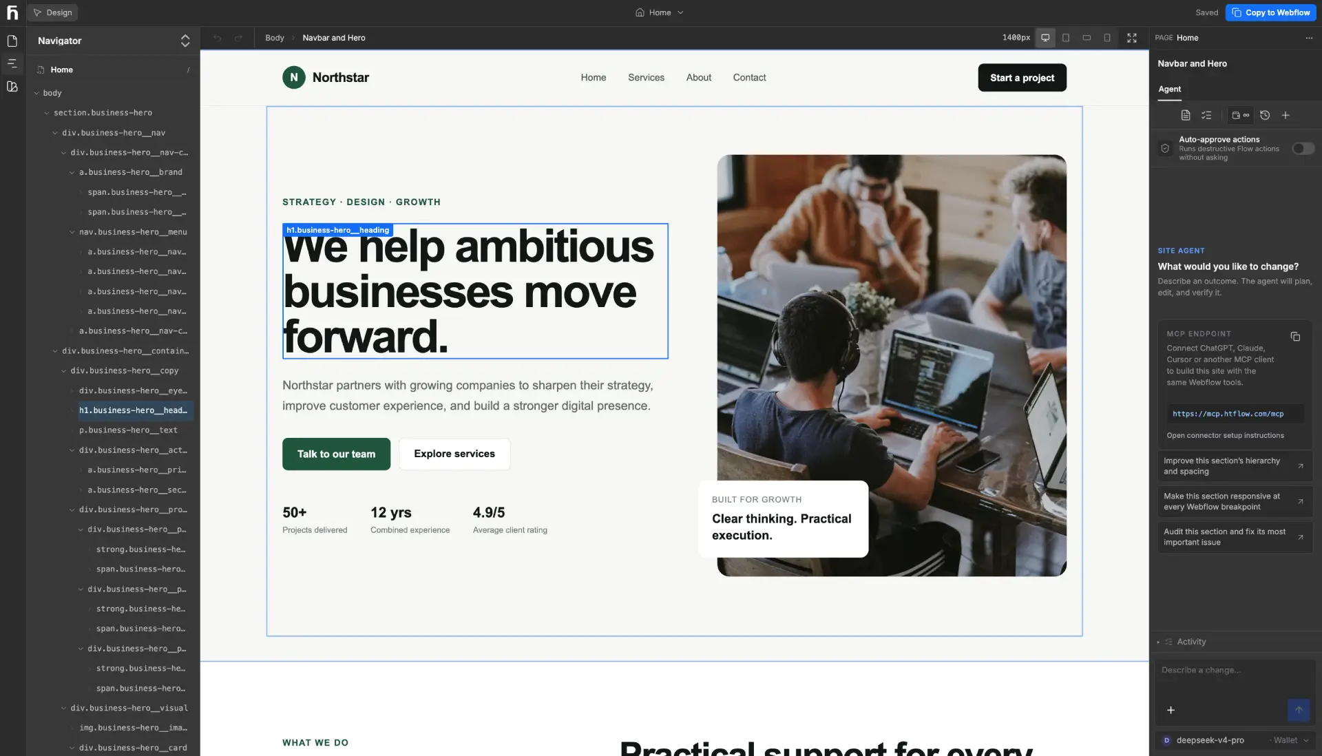 The HTFlow builder: a page open on the canvas with the
navigator on the left and the site agent on the right